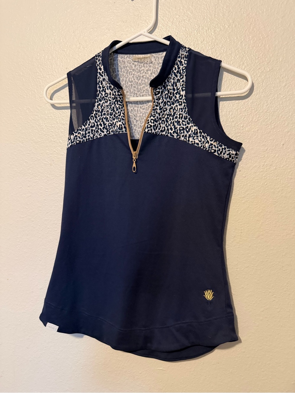 Navy Sleeveless Tank Top with Leopard Yoke and Gold Zip